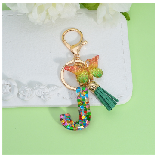 Fashion Butterfly Pendant 26 Letter Keychain Heart Sequins Filled A-Z Initial Key Chains With Tassel Bag Charms Accessories Gift J