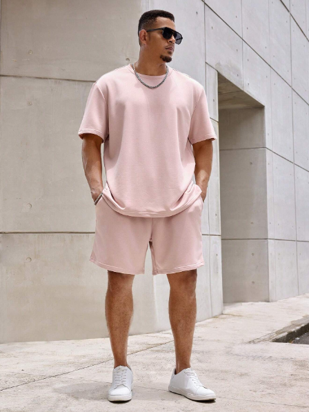 Manfinity CasualMax Men Plus Summer Solid Tee & Drawstring Waist Shorts Set