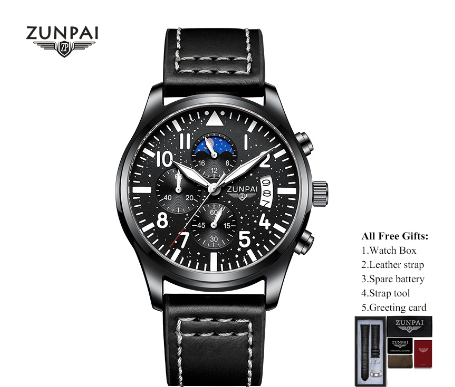 WISHDOIT Watch for Men Original Waterproof Leather Strap Business Sun Moon Star Multifunction Calendar Luminous Fashion Trend Watch ALL BLACK