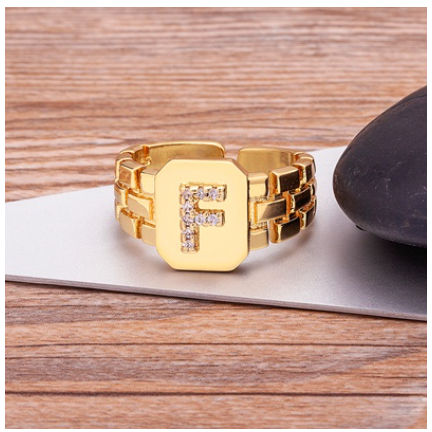 New Arrival Fashion Gold Color Initial Ring Open Design Adjustable Hot Sale A-Z Letters Zircon Rings For Women F