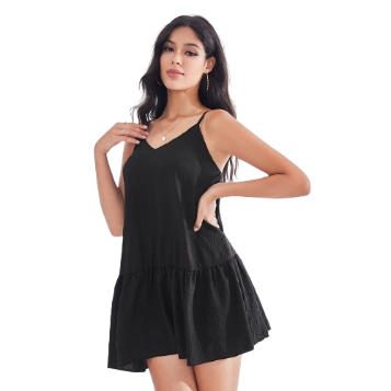 Lovito Women Fabric Stitching Ruffle Hem Spaghtti Strap Dress LBE03106 (Black)