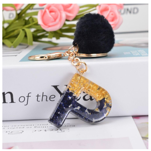 Lanfy Black Pompom Letter Keychain 26 Letter Initials Alphabet A To Z 26 Alphabet Keyring Cute A To Z 26 Black Pompom Resin Birthday Gifts P