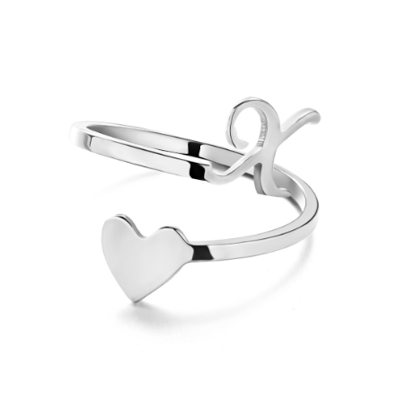 Silver Stainless Steel A-Z Rings Initial Letters Heart Rings Women Fashion Non Fading Jewelry Adjustable X