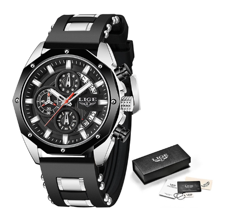 LIGE Multi Function Watch Men Silicon Strap Chronograph Date Waterproof Sports Wrist Watch SILVER BLACK