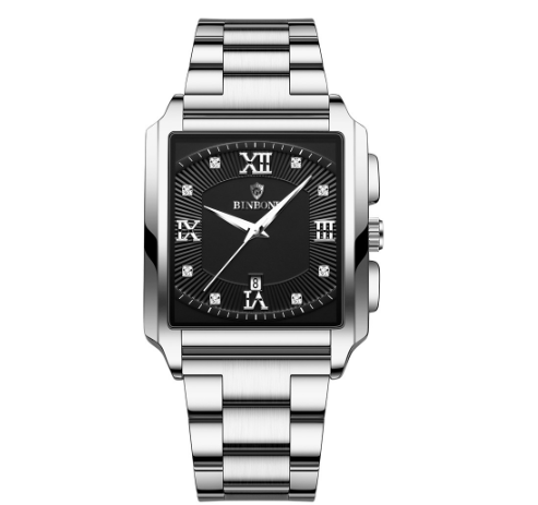 Binbond New Style Rectangular Men's Stainless Steel Band Simple Sports Outdoor Calendar Quartz Watch Waterproof Wrist Watch M4
