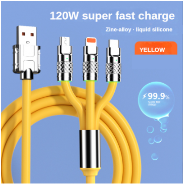 KAXOE 3 In 1 Zinc Alloy Charger Cable 120W 6A Super Fast Charger Type C Liquid Silicone Cable Micro Usb Cable
