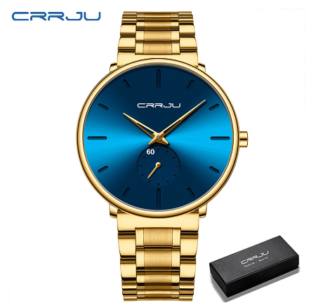 CRRJU Men's Fashion Black Stainless Steel Wrist Watch Waterproof Business Dress Watch for Men 2150S M3