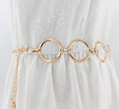 Women's Korean Fashion Elegant Gold Waist Chain Dress Decorated Metal Ring Belt