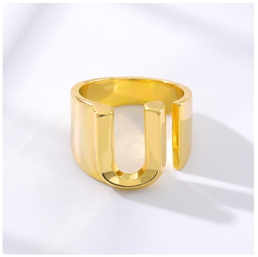 Maxzone Fashion Adjustable Open Gold Initial Rings For Women Stainless Steel A-Z Letter Ring Ladies Meaningful Wedding Jewelry Gift U