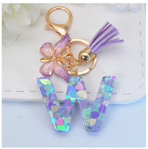 Sparkling 26 Letter Keychain With Butterfly Pendant Exquisite Heart Sequin Filled A-Z Initials Keyrings Bag Pendant Charms Gifts W