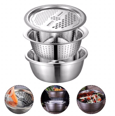 EVD# 3in1 [26cm] Multifunction  Stainless Steel Basin Drain  Basket Set  Grater Washing  Bowl  COD