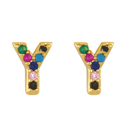 New European and American Fashion Gold 26 Letters Colorful Zircon Alphabet Stud Earrings Women Jewelry Gifts Y