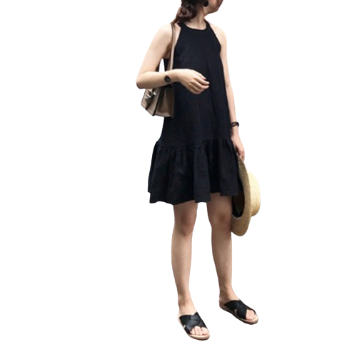 Lovito Casual Plain Cascading Ruffle Draped Dress for Women LNA16196 (Black)