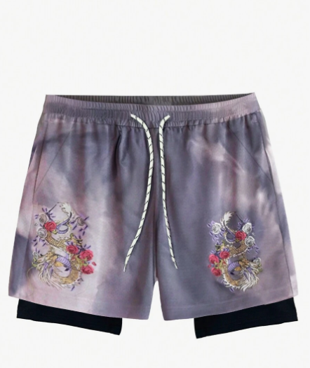 Manfinity Athleisure Men's Chinese Dragon Printed Drawstring Waist Sports Shorts