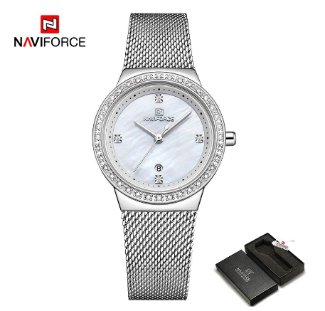 Naviforce Women Top Brand Luxury Stainless Steel Classic Bracelet Wristwatch SILVER
