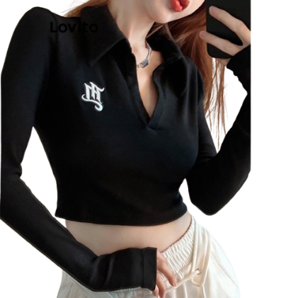 Lovito Women Casual Plain Embroidery Basic T-Shirt LNE29193 (Black)