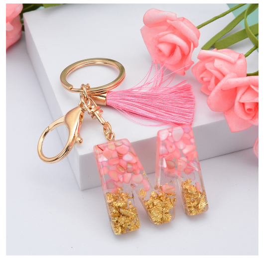 Pink Tassel Gold Foil 26 Letter Pendent Keychain for Women Resin Keyrings Girls Bag Ornamant Accessories Gifts M