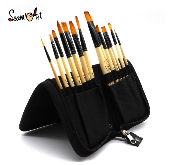 SeamiArt 14 Pcs. Nylon Hair And Wooden Handle Acrylic Painting Brush Set