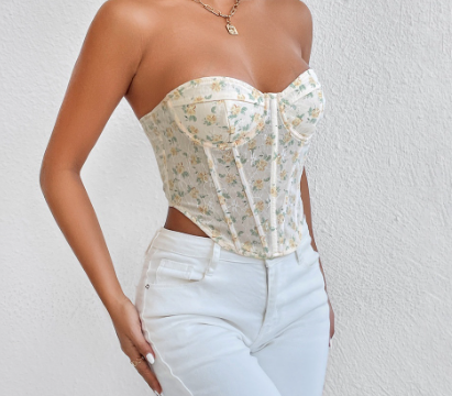 Hot Lady Women Off Shoulder Floral Print Lace Slimming Mesh Corset Tube