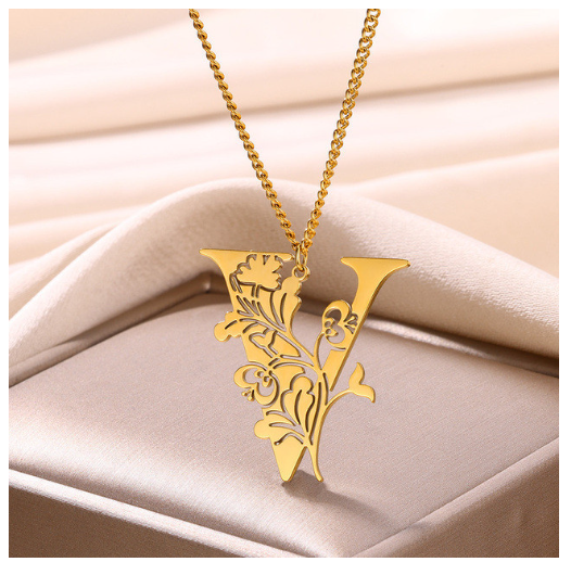Beauty Flower A-Z Letter Necklaces for Women Men Stainless Steels Flower Initial Pendant Necklace V