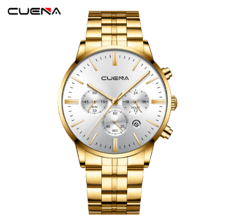 CUENA Men's Watch Original Brand Fashion Multifunction Luminous Business Sport Analog Quartz Stainless Steel Waterproof Watch GOLD WHITE