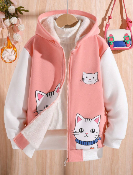 1pc Girls' Cute Fleece Lined Cat Print Hooded Jacket