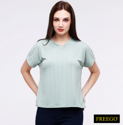 Freego Ladies Special Ribbing Plain Knits Short Sleeves Blouse AST12-0052