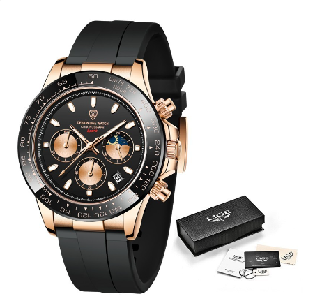LIGE Original Brand Relo Men Big Dial Quartz Watch Luminous Waterproof Fashion Sport Chronograph Date WristWatches  ROSE BLACK