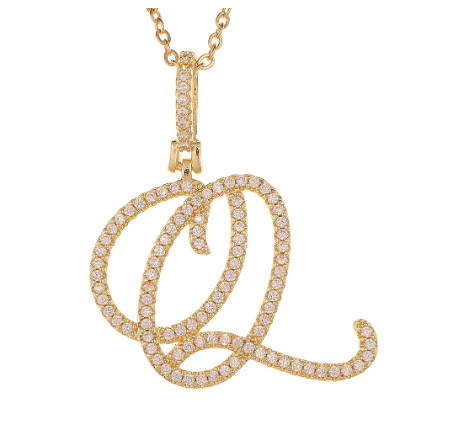 Fashion A-Z Initial Cursive Letters Pendant Necklace For Women Gold Color Shiny Rhinestone Chain Necklace Jewelry Gift Q