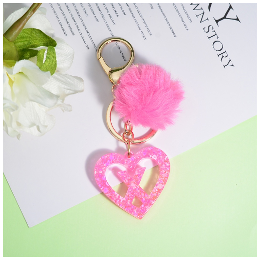 Pink Heart A-Z 26 Initials Keychain With Furball Fashion Letter Resin Keyring For Women Bag Ornaments Car Key Accessories Gifts X