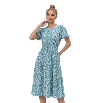 Lovito Cute Floral Print Puff Sleeve Women Dress L06052 (Blue)