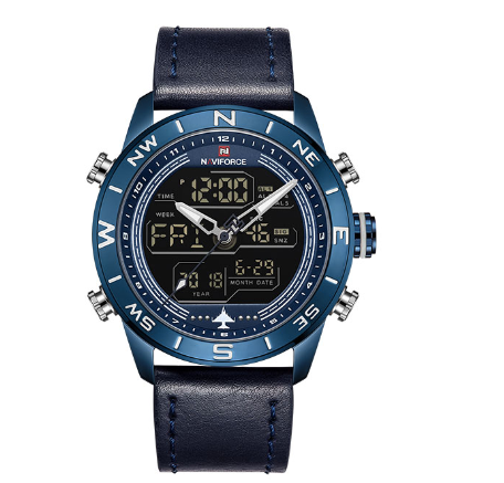 Naviforce Nf9144 Men Fashion Gold Sport Led Digital Quartz Army Military Leather Analog Watches BLUE