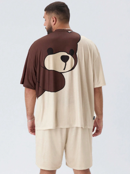 Manfinity CozeMod 2pcs Oversize Men's Casual Knit Cartoon Bear Print Loose Drop Shoulder Crew Neck Short Sleeve T-Shirt And Mid-Rise Drawstring Straight Shorts Set, Suitable For Summer