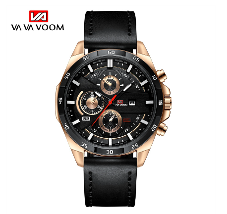 VA VA VOOM Fashion Mens Watch Top Brand Luxury Watch Waterproof Sport Quartz Clock Military Leather BLACK ROSEGOLD