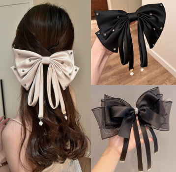 Korean Oversized Bow Pearl Rhinestone Hair Clip Spring Clamp Multi-layer Ribbon Hairpin Ponytail Hair Accessories