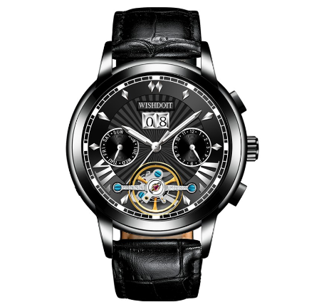 WISHDOIT Watch For Men Original Waterproof Leather Strap Business Fashion Luminous Automatic Mechanical Wristwatch ALL BLACK