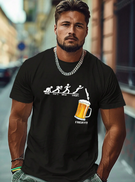 Plus-Size Men Beer & Letter Graphic Funny Print Summer Tee