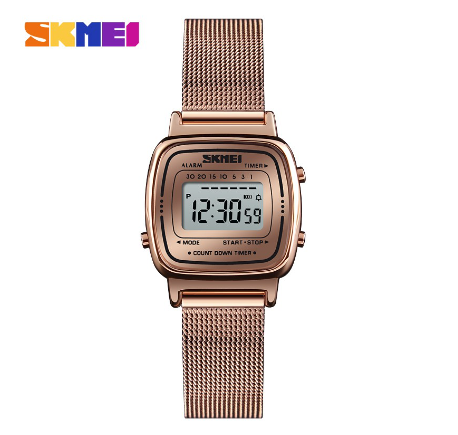 Skmei 1901 Women Stainless Steel Mesh Belt Fashion Digital Watch ROSEGOLD