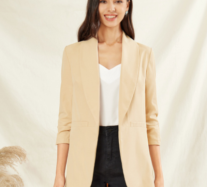 Classy Plain Ruched Sleeves Collared Women Blazer (Khaki)