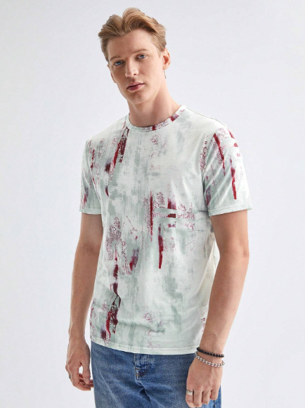 Manfinity ModaGents Men's Knitted Short Sleeve Tee With Printed Round Neck, Casual