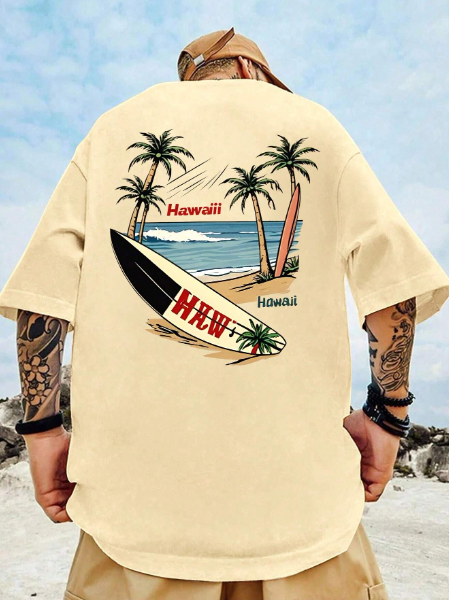 Manfinity RSRT Men Plus Size Coconut Tree Printed Short Sleeve T-Shirt, Ideal For Beachside Vacation