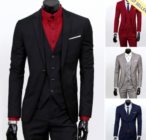 Set Business Suit 3 Piece Set Slim Fit Zipper Solid Color Men Formal Suit For Evening Prom 3Pcs