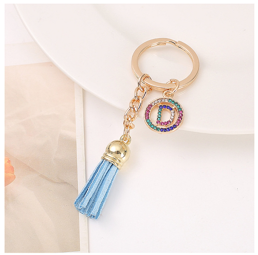 Mini Colorful Rhinestone A-Z Letter Keychains Trendy Tassel 26 Initials Metal Keyring Bag Charms Pendant Key Holder Accessories D