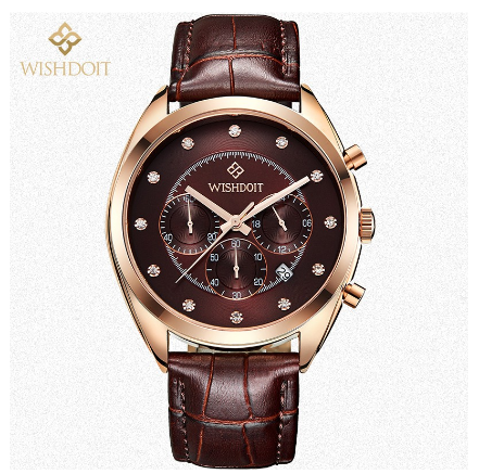 WISHDOIT Watch For Men Original Waterproof Leather Strap Business Quartz Fashion Luminous Wristwatch BROWN 1