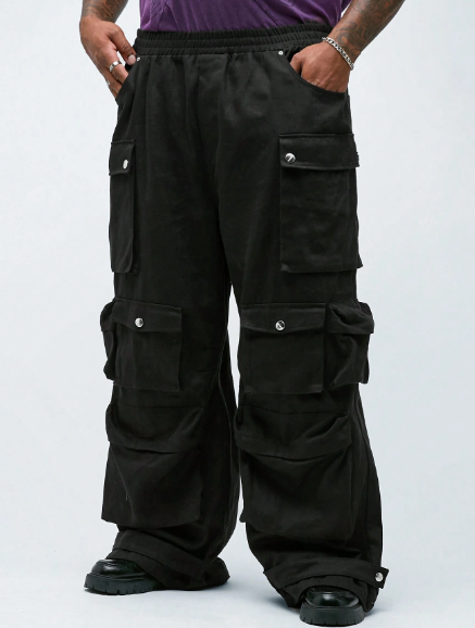 Manfinity NXTstreet Plus Size Men's Woven Multi-Pocket Elastic Waist Wide Leg Cargo Pants, Fashion