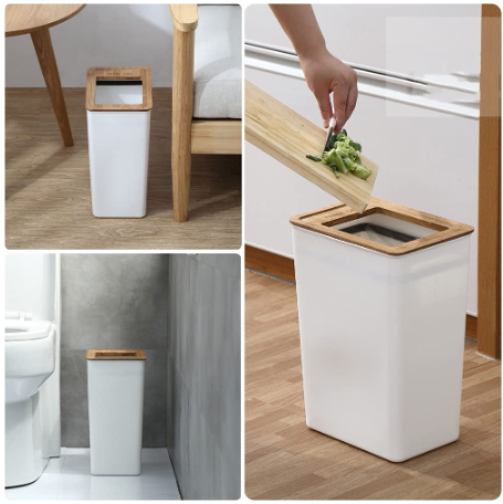 9L Slim Trash Can with Cover White Garbage Container Trash Bin with Wooden Lid for Bathroom Kitchen