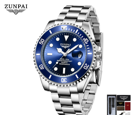 ZUNPAI Watch for Men Original Waterproof Stainless Steel Silver Gold Fashion Business Trend Calendar Luminous Watch  SILVER BLUE