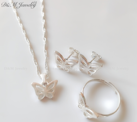 D&M Jewelry 925 Silver 3in1 Set Butterfly For Women (adjustable ring)