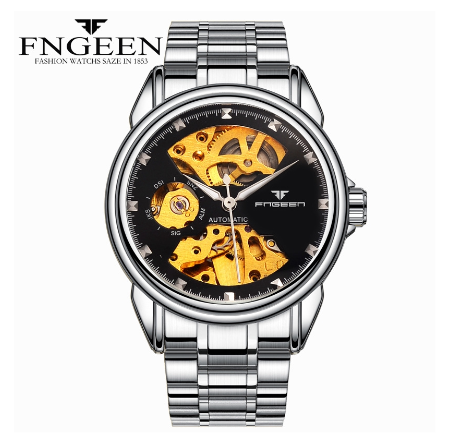 FNGEEN 8818 Men's Automatic Mechanical Watch SILVER  BLACK