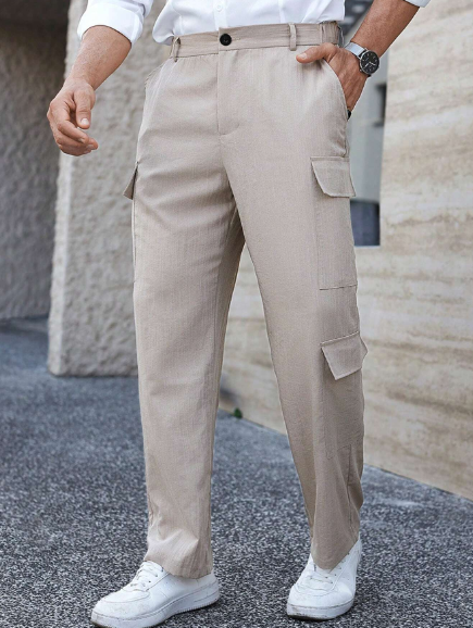 Manfinity CasualCool Men's Solid Color Casual Loose Straight Leg Cargo Pants With Pockets, Breathable